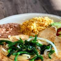 #10.Pechuga Poblana · 1 Chicken Breast Topped with Poblano Pepper & Grilled onions accompanied with rice, beans, s...