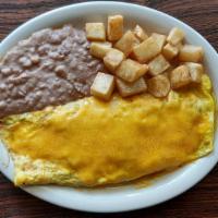 Omelette Plate · A omelette with onions, tomatoes, jalapeños inside & melted cheddar cheese on top, served wi...