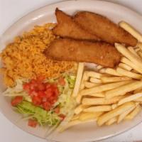 Fried Fish  · 3 Breaded fish filets served w/ rice, french fries, salad & toast