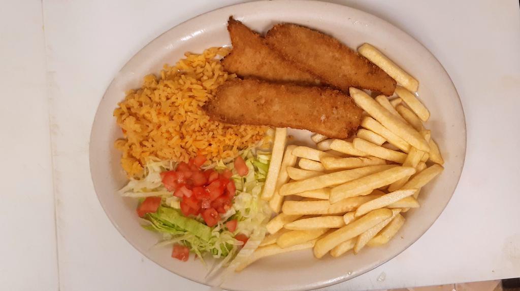 Fried Fish  · 3 Breaded fish filets served w/ rice, french fries, salad & toast