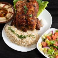 Whole Chicken Family Meal (1) · Served with hummus, rice, house salad, pack of pita bread & two garlic spreads.