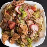 Fatoush With Chicken · Lettuce, tomatoes, red onions, cucumber, pita chips, bell pepper, radish, and grilled chicke...