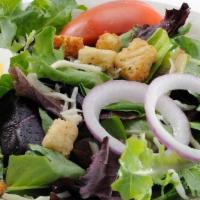 House Salad · Fresh spring mix lettuce topped with mozzarella cheese, Roma tomatoes, eggs, croutons and re...