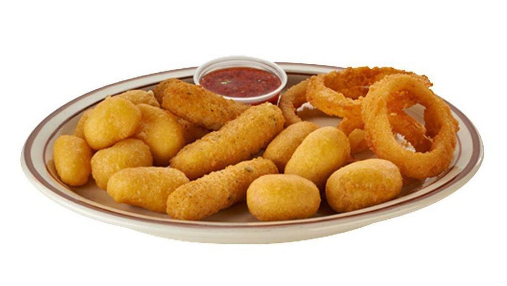 Appetizer Basket · Onion rings, golden mini corn dogs, lightly breaded mozzarella cheese sticks, and irresistible beer battered cheese curds.