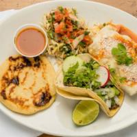 Plato Combinado · One enchilada, one taco, and one pupusa served with marinated cabbage and sauce.