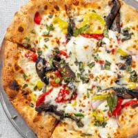 Veggie · White garlic sauce, banana peppers, red onions, portabellos, roasted red peppers, basil, buf...
