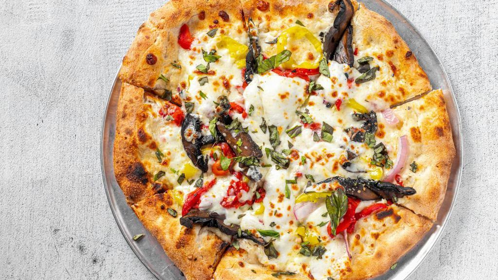 Veggie · White garlic sauce, banana peppers, red onions, portabellos, roasted red peppers, basil, buffalo mozzarella, olive oil.