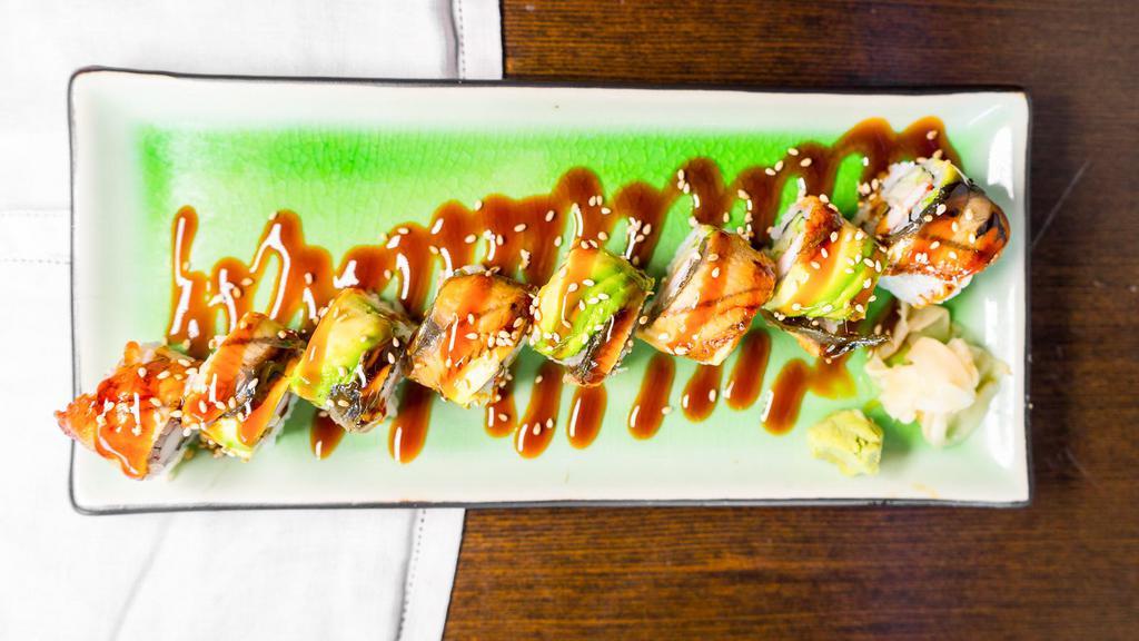 Dragon Roll · Crab stick, cucumber with eel and avocado on top.
