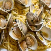 Linguine With Clams · Little neck clams, garlic, EVOO.
