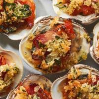 Clams Casino · Bacon, garlic, butter, white wine, roasted peppers, bacon, breadcrumbs.