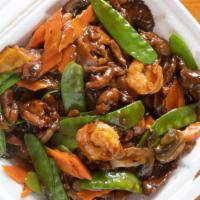Triple Crown / 大三元 · Hot and Spicy. Combination of beef, chicken and shrimp sauteed with vegetables in a chef's s...