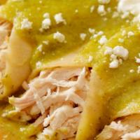 Enchiladas Verdes Con Queso / Green Enchiladas With Cheese · served w/rice, pinto beans, melted cheese on top, sour cream, and avocado.