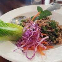 Larb · Choice of grounded chicken, pork, or beef, onions, mint leaf, cilantro, rice powder, spicy l...