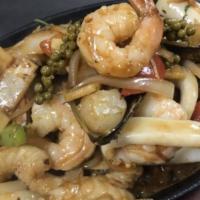 Seafood Pad Cha · Exotic Thai herbs, green peppers, basil, bamboo shoots, bell peppers stir-fried with mixed s...
