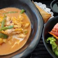 Panang Curry · Choice of meat, green beans, bell peppers, peanut, curry paste, coconut milk, kaffir lime le...