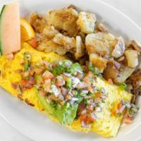 California Omelette · Bacon, Jack Cheese, Fresh Avocado, Pico De Gallo. Served with Home Fries and Choice of Toast