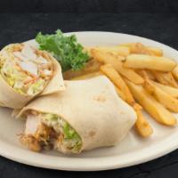 Crispy Chicken Wrap · Crispy Chicken, lettuce, tomatoes, shredded cheeses and chipotle ranch wrapped in a white to...