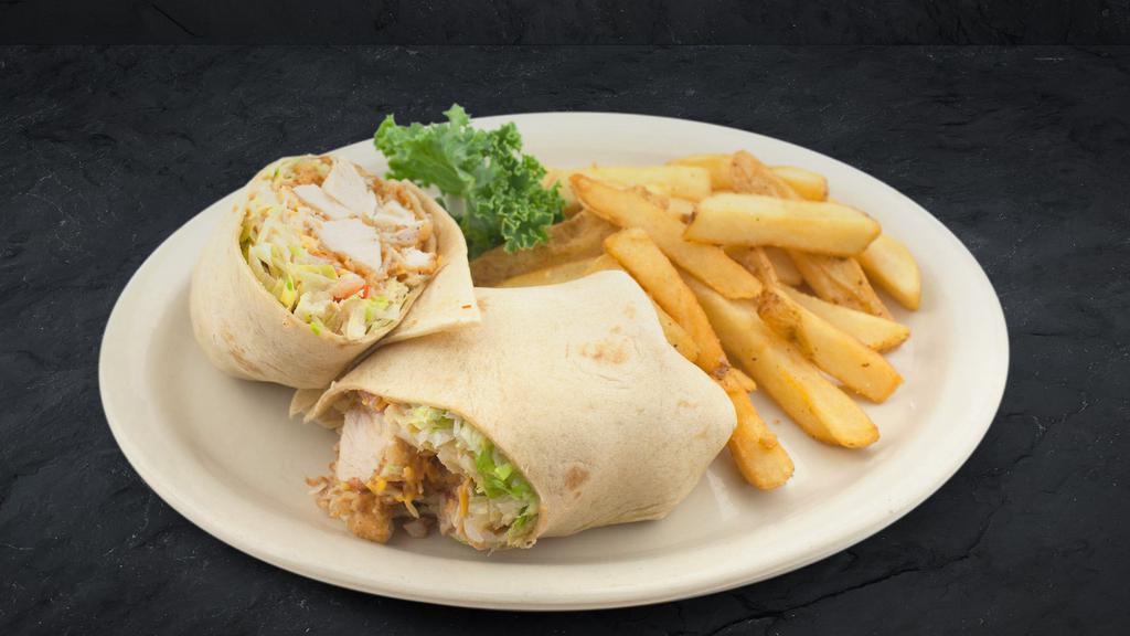 Crispy Chicken Wrap · Crispy Chicken, lettuce, tomatoes, shredded cheeses and chipotle ranch wrapped in a white tortilla.