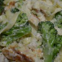 Chicken & Broccoli Fettuccini Alfredo · Our Fettuccini Noodles, Fresh Seasoned grilled Chicken w/Alfredo Sauce. Serve With 2pc Of Ga...
