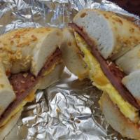 Meat + Eggs + Cheese · Egg, cheese and a choice of freshly cooked meat.