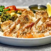 Grilled Shrimp & Scallops · Served over steamed white rice