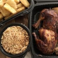 Half Chicken (All Dark Meat) · Peruvian rotisserie chicken, two quarter dark meat portions. Served with your choice of 2 si...