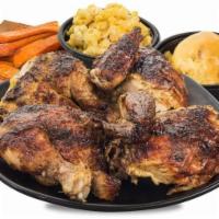 Whole Chicken Meal · Peruvian style rotisserie chicken, 2 dark meat and 2 white meat portions.  Served with 3 lar...