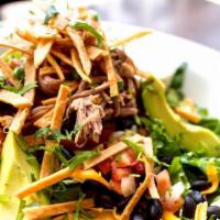 Cilantro Ranch Carnitas Salad · Leafy greens topped with pork carnitas, black beans, pico de gallo, avocado, cilantro, shred...