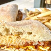 Chicken Parmesan Sandwich · Chicken breast with Italian breading topped with marinara sauce and Parmesan cheese. (Spicy ...