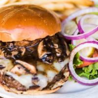 Portabella & Swiss Burger · Your choice of patty with marinated portabella mushrooms and Swiss cheese. Lettuce, tomato, ...