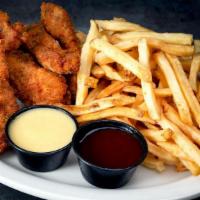 Chicken Tenders · Hand-breaded tenders served regular or buffalo style with fries. Your choice of ranch, bleu ...