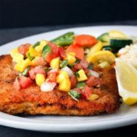 Mango Salmon · Herb crumb-crusted salmon filet topped with mango pico de gallo and served with rice and veg...