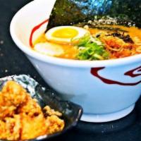 Karaage Ramen · curly noodle with deep fried chicken, egg, fish cake, scallion, bamboo shoot and wood ear,ch...