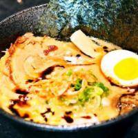 Tonkotsu Shoyu · skinny noodle with chashu, egg, fish cake, scallion, corn, bamboo shoot, wood ear,with shoyu...