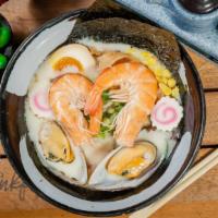Seafood Ramen · curly noodle, tonkotsu salt flavor pork broth with shrimp, squid, muscle, egg, fish cake, sc...