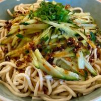 Cucumber Spicy Noodles (Vg) · Vegan. cold noodles, chili oil mix.