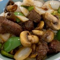 Shaken Wagyu Beef · wagyu beef, bell peppers, onlion, and mushrooms with rice