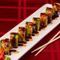 Black Dragon Roll · California roll topped with eel and avocado.