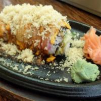 Kane Roll · Spicy. California roll topped with tuna, salmon, shrimp (torched).