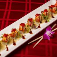 Kamikaze Roll · Spicy. Shrimp tempura, avocado roll topped with spicy tuna, crunch, tobiko.