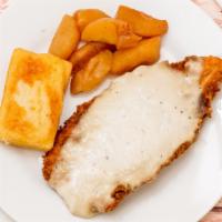 Chicken Fried Chicken · Hand battered chicken breast lightly fried then topped with cream gravy.