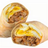Impossible Haus Burrito · 3 sunny side up eggs, impossible sausage patty, white american cheese, crispy tater tots, ca...