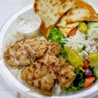 Chicken Plate · Served with rice pita small greek salad and tzatziki.