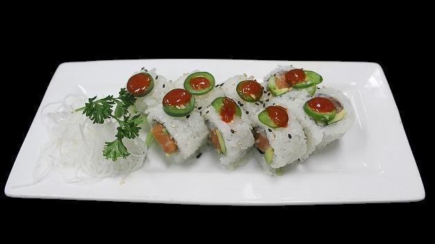Spicy Salmon Roll · Spicy level one. Spicy salmon, avocado, cucumber, jalapeño, and sesame seeds.