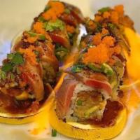 Tuna On Fire Roll (Served On Fire) · Spicy level one. Spicy tuna, asparagus tempura, and avocado topped with seared bluefin tuna,...