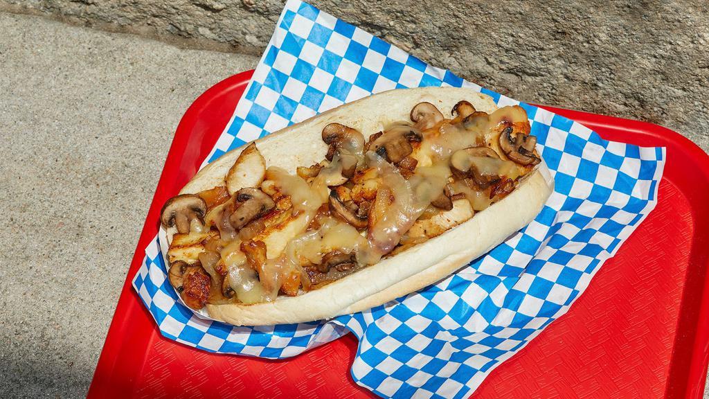 Mushroom Chicken Cheesesteak · Sliced chicken, melted cheese, grilled onions, sauteed mushrooms, hoagie roll.