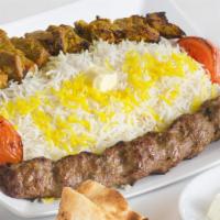 Saffron'S Sultani · Combination of kubideh and Chunks of marinated prime beef.

served with Rice,Bread,Green Sau...