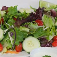 House Salad · Garden fresh lettuce, tomato, cucumber, onion, feta, cheese crumbles, kalamata lives and pep...