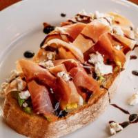 Prosciutto Toast · toast ciabatta bread with prosciutto + avocado + goat cheese + balsamic reduction.