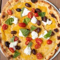 Pizza Mediterranea (Vegetarian) · Your choice of pizza crust served with a yellow tomato sauce, Italian olives, heirloom cherr...